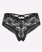 Black lace hipster panties with criss-cross back straps and center bow