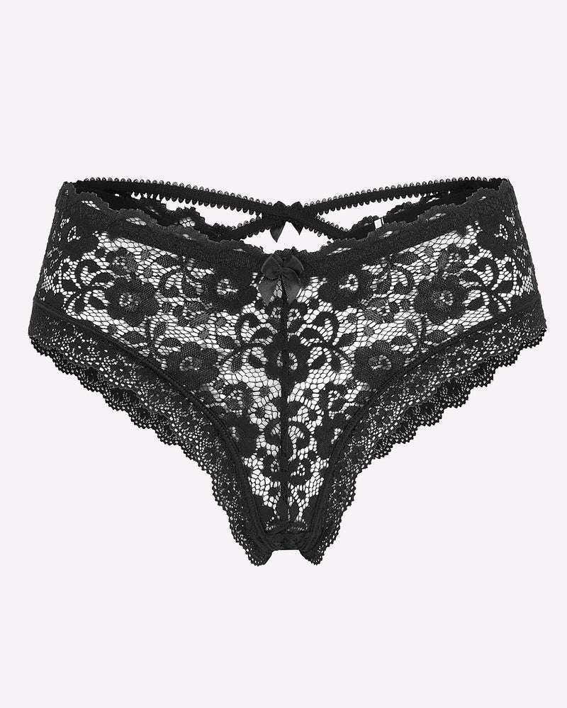 Black floral lace thong-style panties with center bow and scalloped edges