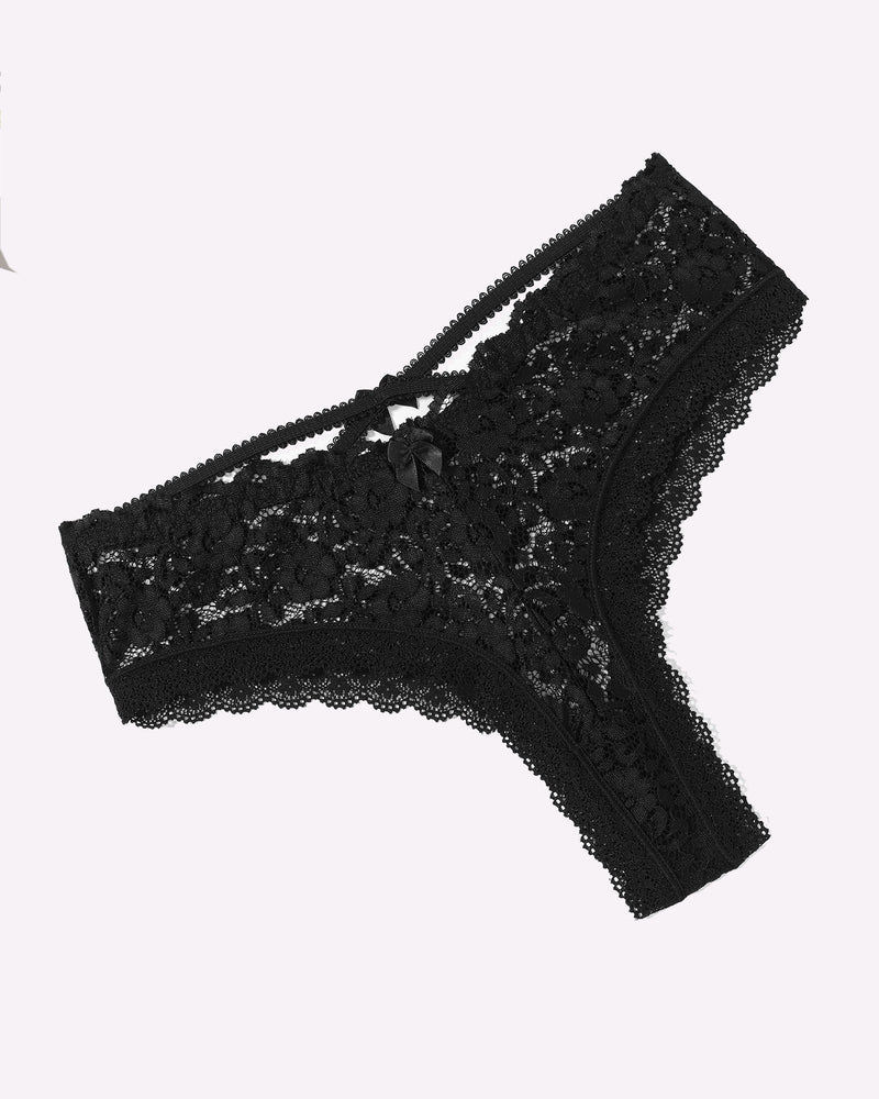 Black lace hipster panties with floral criss-cross back strap detail