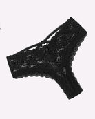 Black floral lace thong-style panties with lace bow detail and scalloped edges