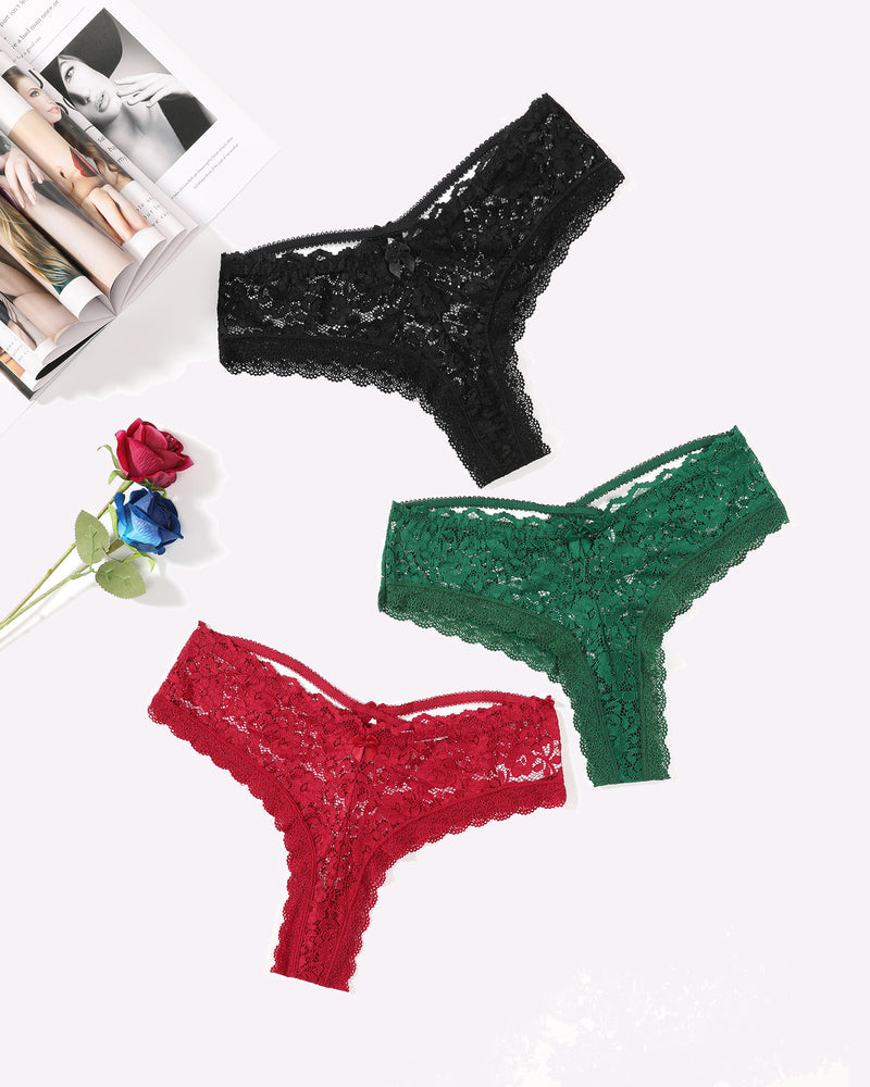 Lace thong panties: black, green, and red lace briefs with scalloped trim