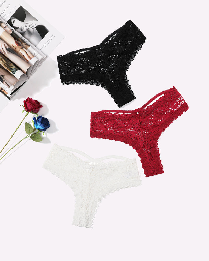 Lace thong panties: black, white, and red lace briefs with scalloped edges