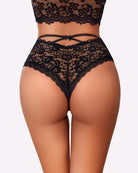 Black lace hipster panties with criss-cross back straps and bow detail