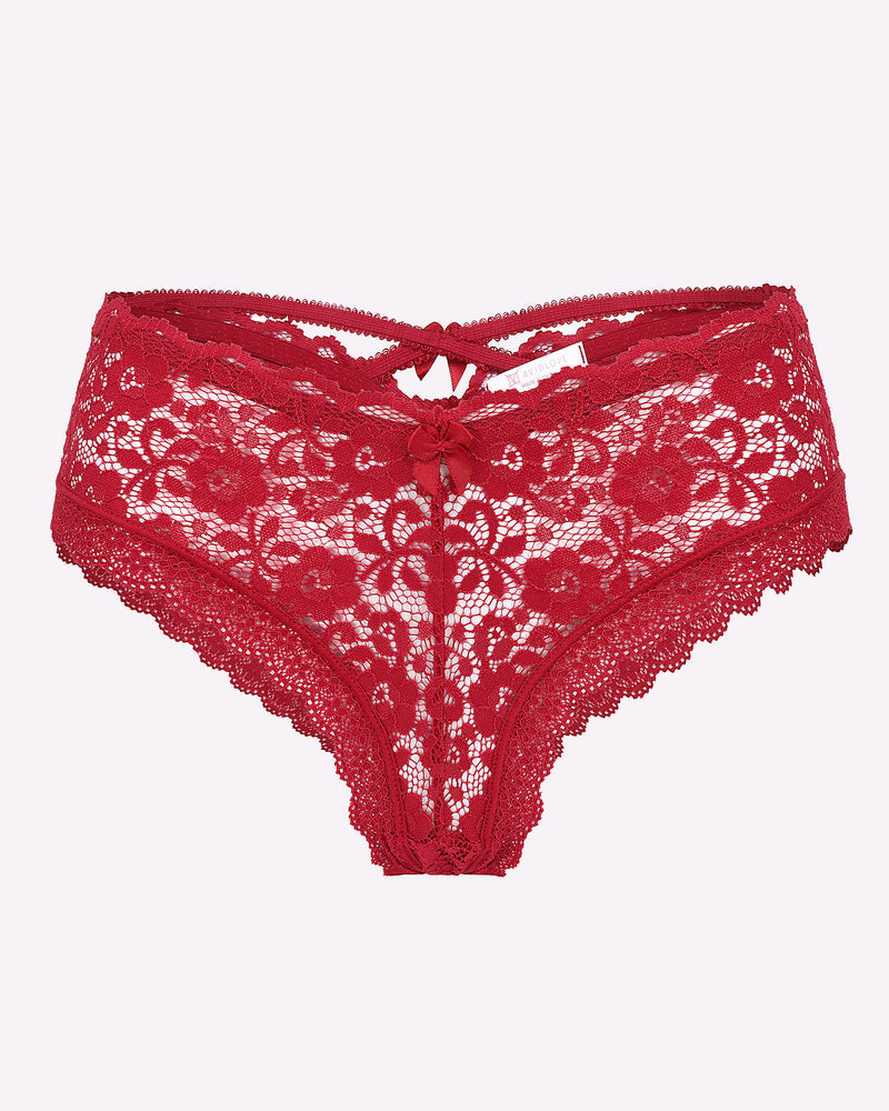 Dark red lace hipster panties with center bow and scalloped waist