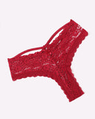 Dark red lace hipster panties with criss-cross strap detail and lace edging