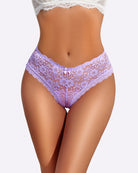 Lilac lace floral hipster panties with center bow and scalloped leg openings