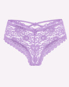 Lilac lace hipster panties with center bow and criss-cross strap back