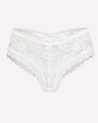 White lace hipster panties with floral lace overlay and scalloped edges