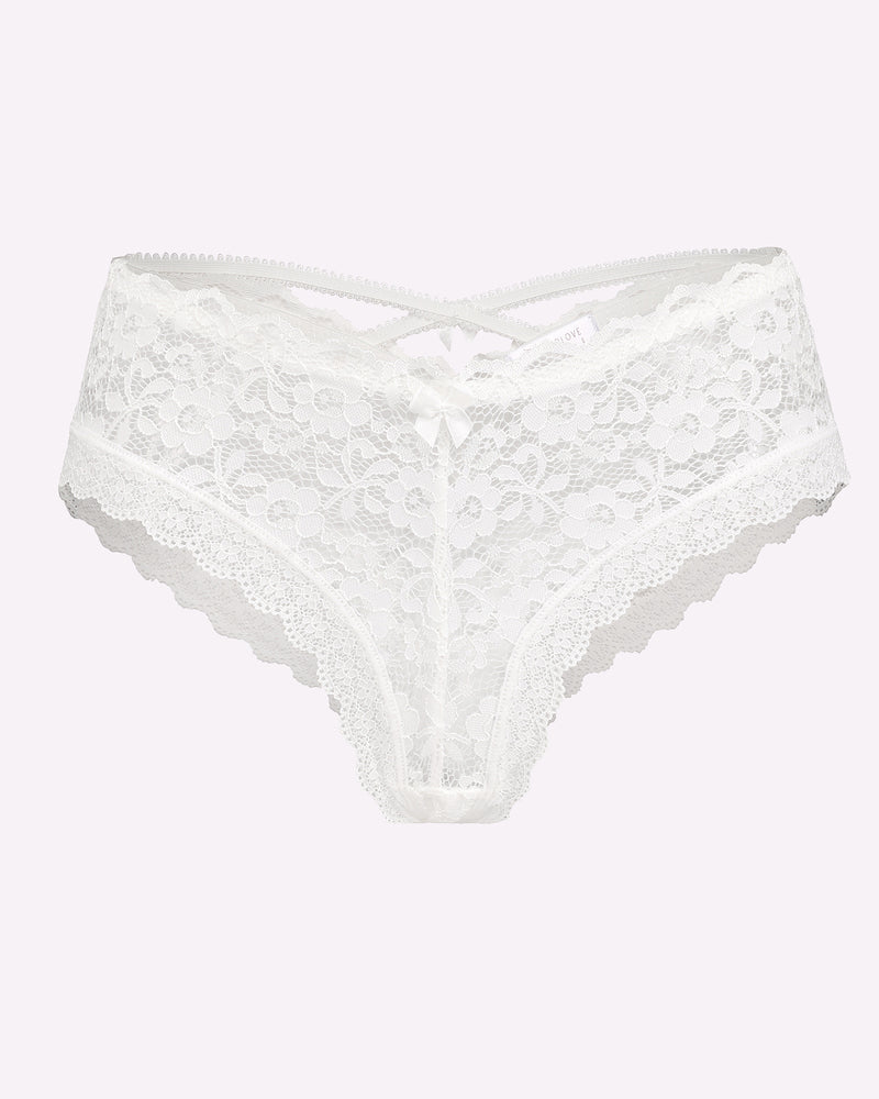 White lace hipster panties with floral lace overlay and scalloped edges