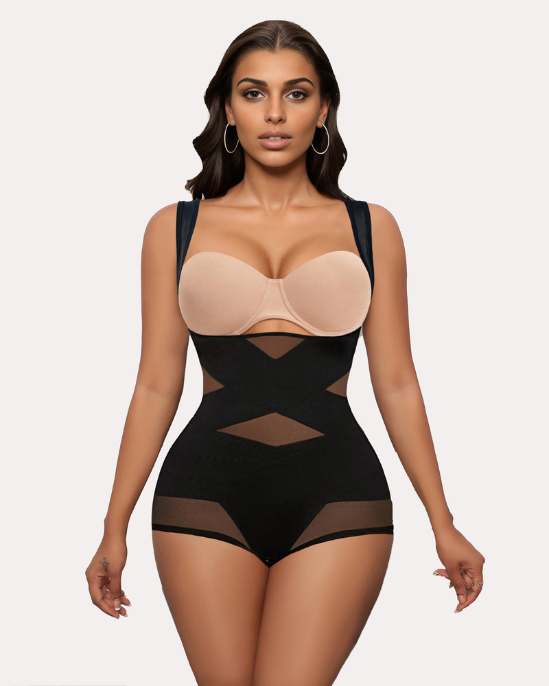 Beige-and-black tummy control waist trainer bodysuit shapewear, front view