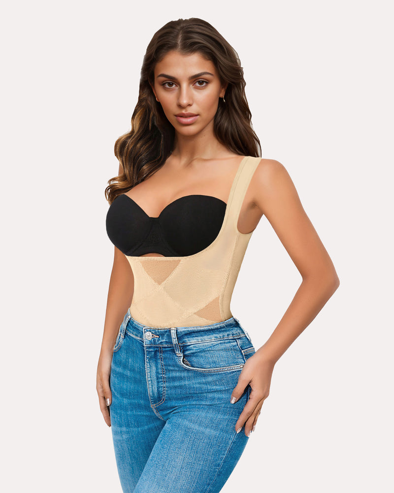 Beige and black tummy control waist trainer bodysuit shapewear, side front