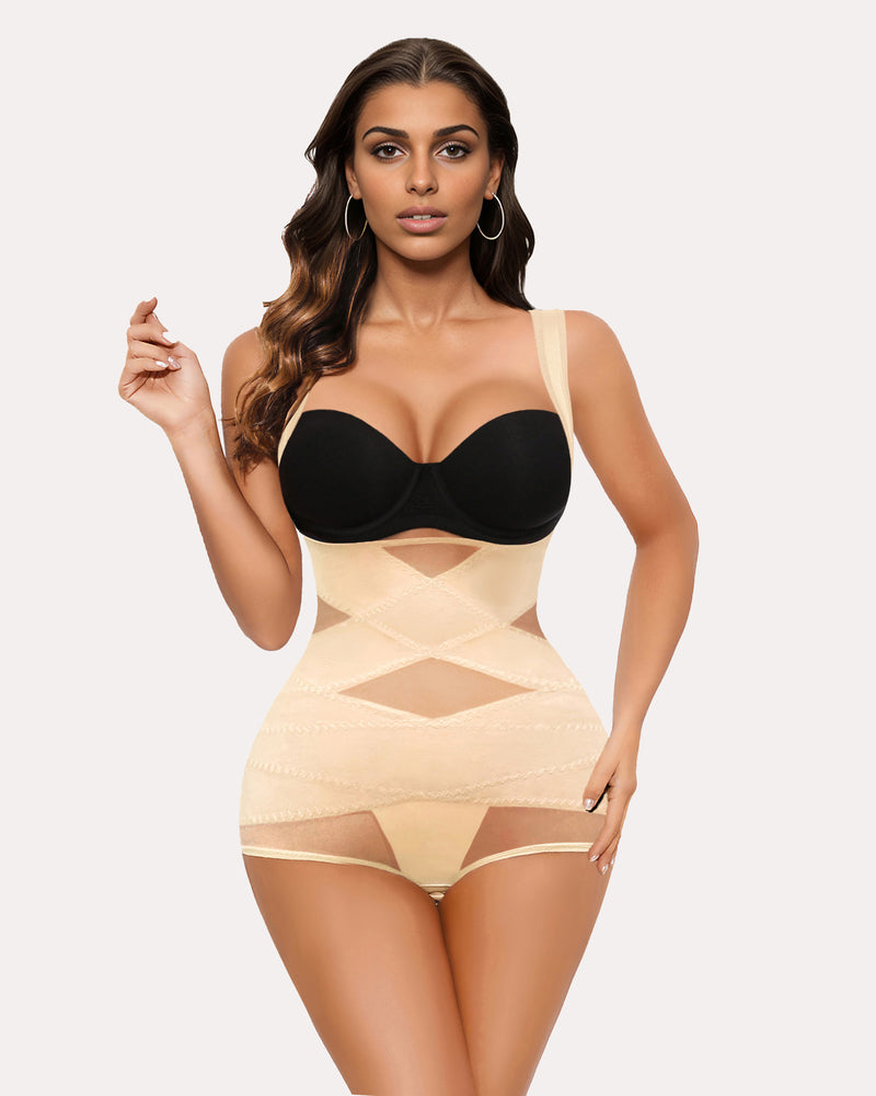 Beige tummy control waist trainer bodysuit shapewear, front view with black bra