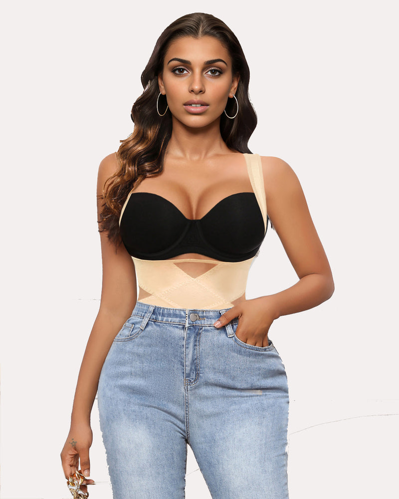 Beige-and-black waist trainer bodysuit shapewear, front view with lifted bra