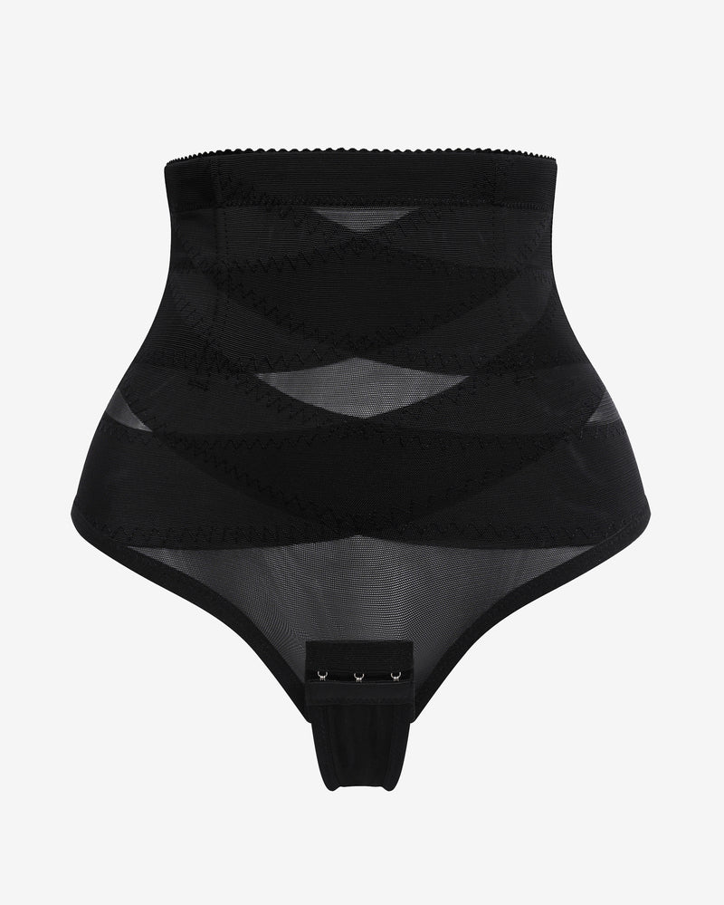 Black tummy control thong shapewear with open crotch and high-rise panel