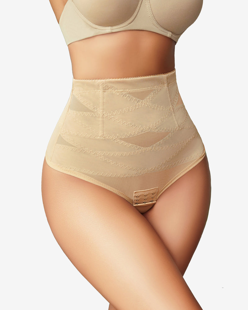 Champagne tummy control thong shapewear, high waist panel with lace trim