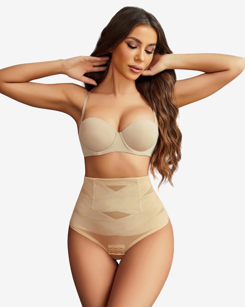 Champagne tummy control thong shapewear, textured panel and scalloped waistband edge