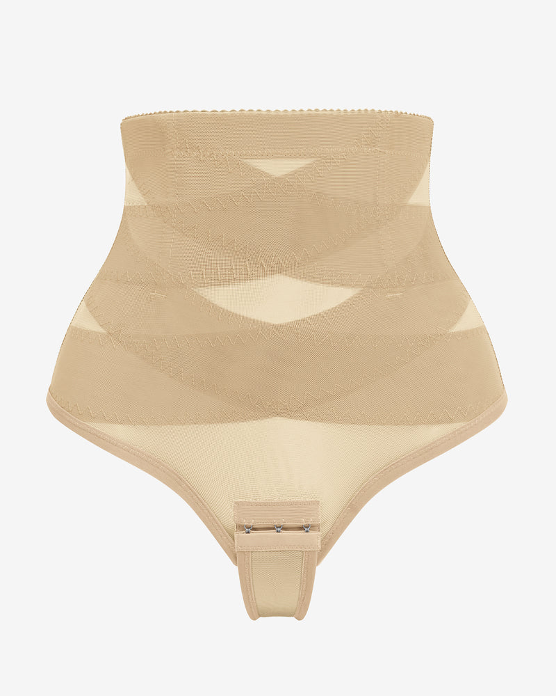 Champagne thong shapewear with open-back cut and wide contoured waistband panel