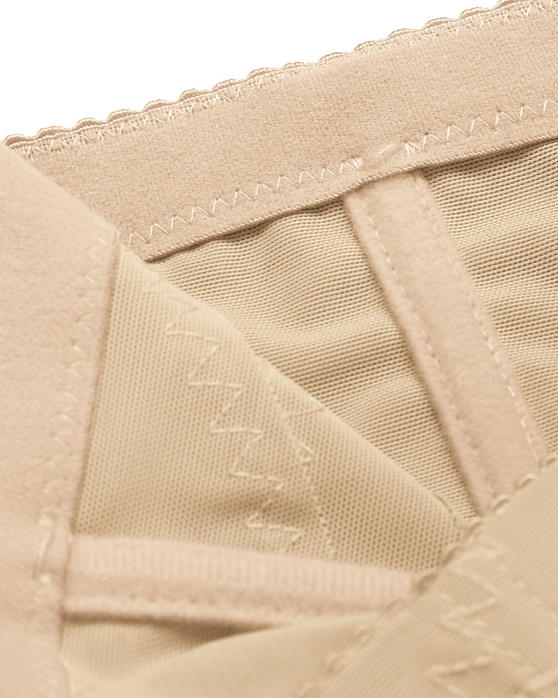 Champagne thong shapewear close-up of gusset with mesh lining and zigzag embroidery