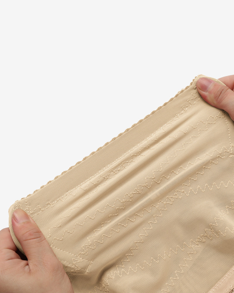 Champagne thong shapewear fabric panel with zigzag texture and stitched scallop edge