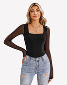 Black square-neck mesh one-piece leotard top with long sheer sleeves