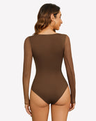 Brown square-neck mesh one-piece leotard top with long sleeves, back view
