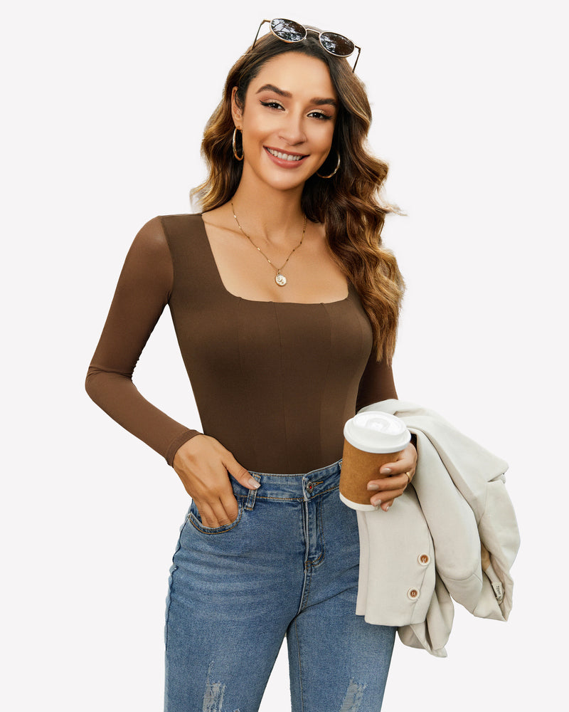Brown square-neck mesh one-piece leotard top with long sleeves