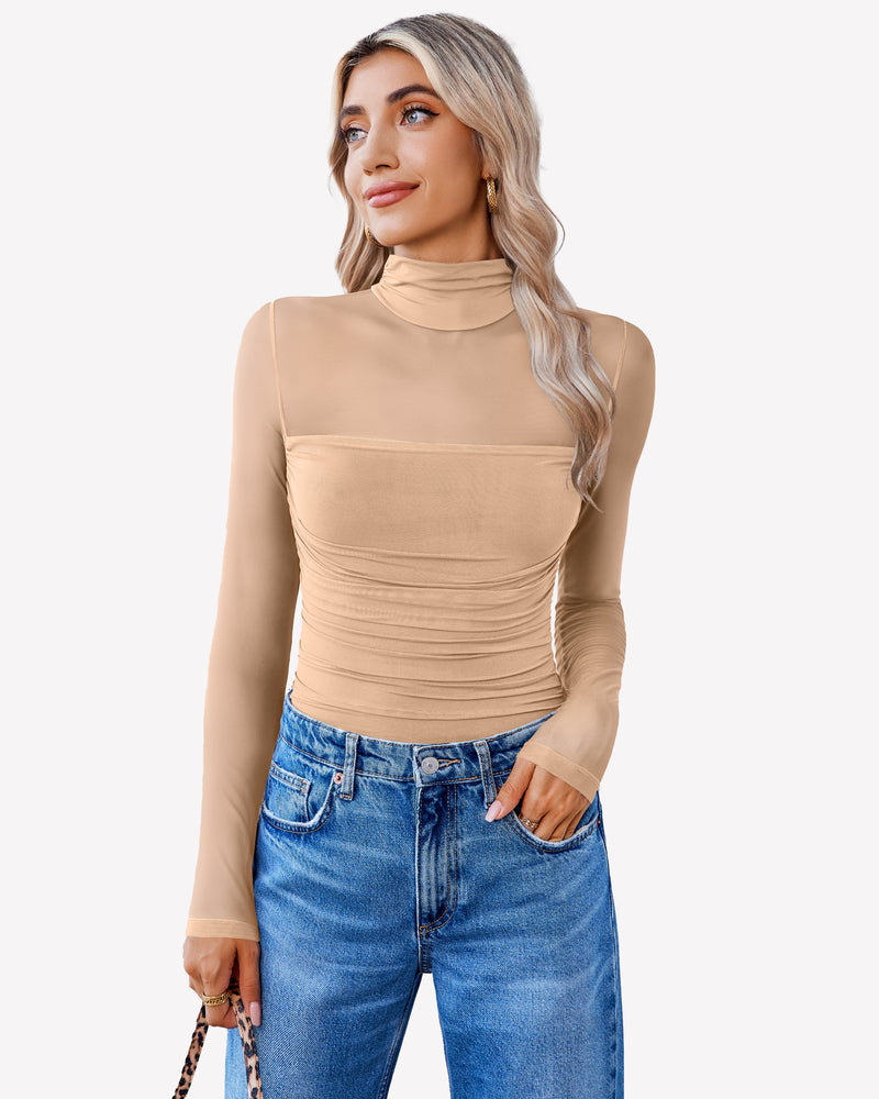 Mesh turtle-neck bodysuit, long sleeves, tan