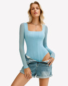 Light blue square-neck mesh one-piece leotard top with long sleeves