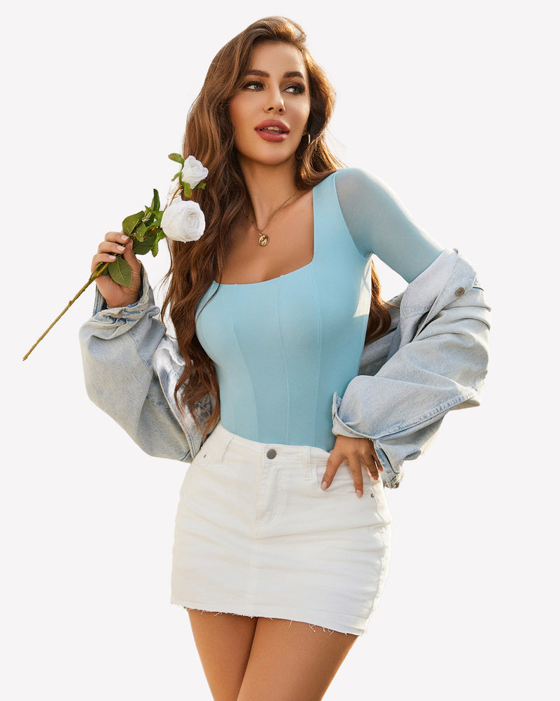 Light blue square-neck long-sleeve one-piece bodysuit, fitted with thong-style bottom