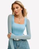 Light blue square-neck long-sleeve one-piece bodysuit detail, close front view