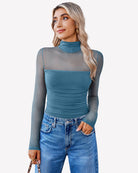 Mesh turtle-neck bodysuit, long sleeves, teal blue