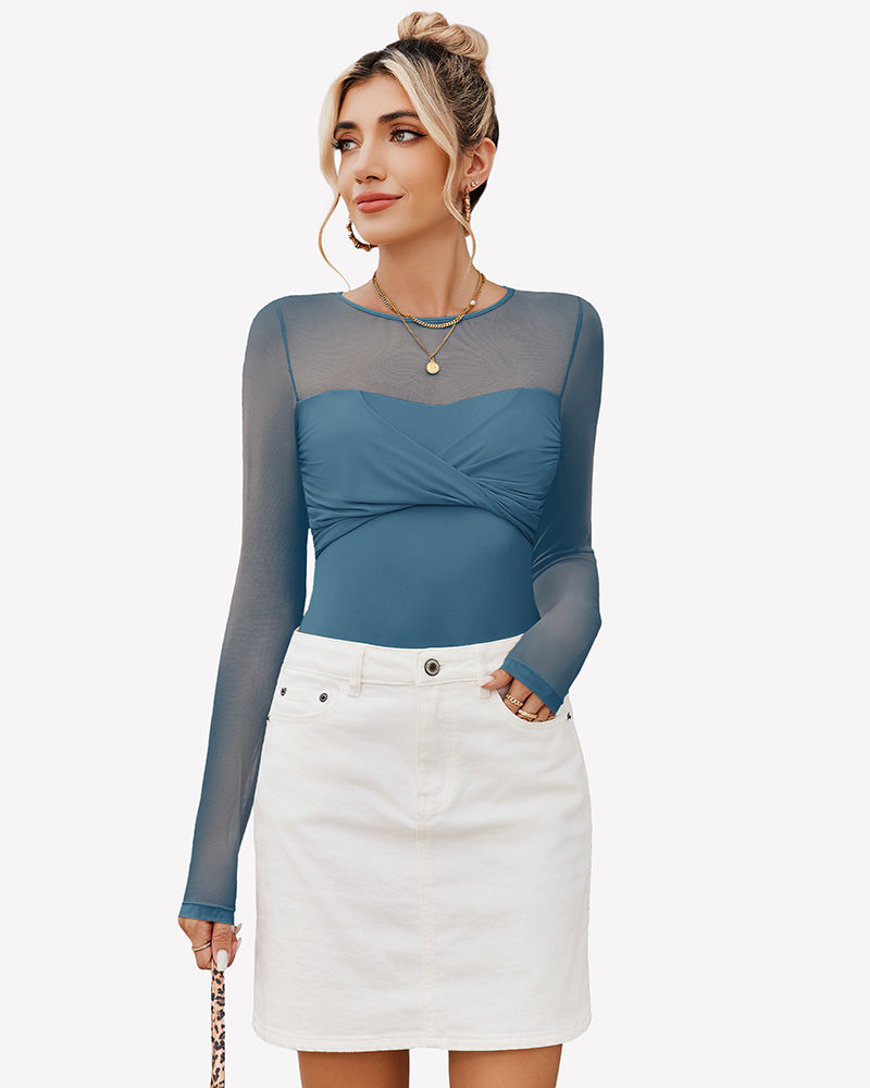 Cottage blue sheer long sleeve leotard with twist knot front and high-cut legs