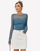 Cottage blue sheer long sleeve leotard with twist knot front and high-cut legs