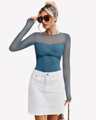 Cottage blue sheer long sleeve leotard with twist knot front and high-cut legs