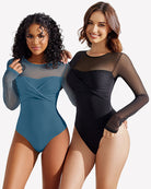 Teal and black sheer long sleeve leotards with twist knot front, high-cut legs