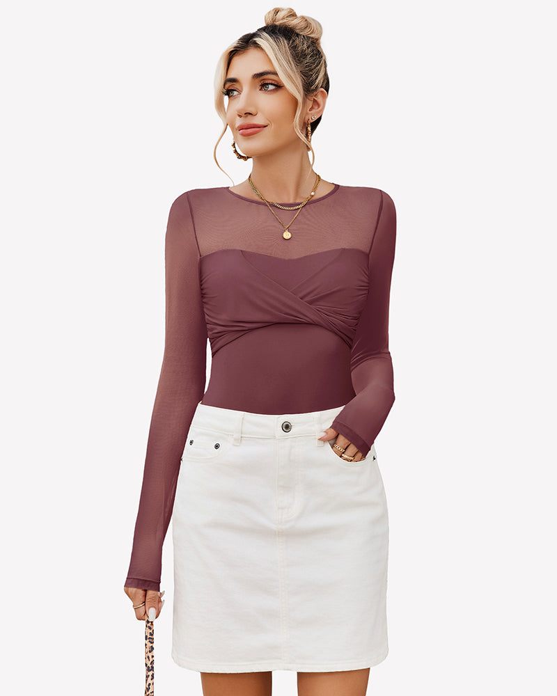 Pale violet red sheer long sleeve leotard with twist knot front and high-cut legs