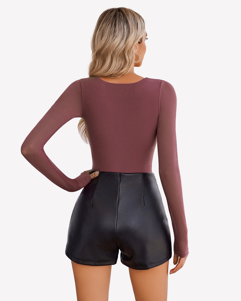 Purple long-sleeve square-neck one-piece bodysuit, back view
