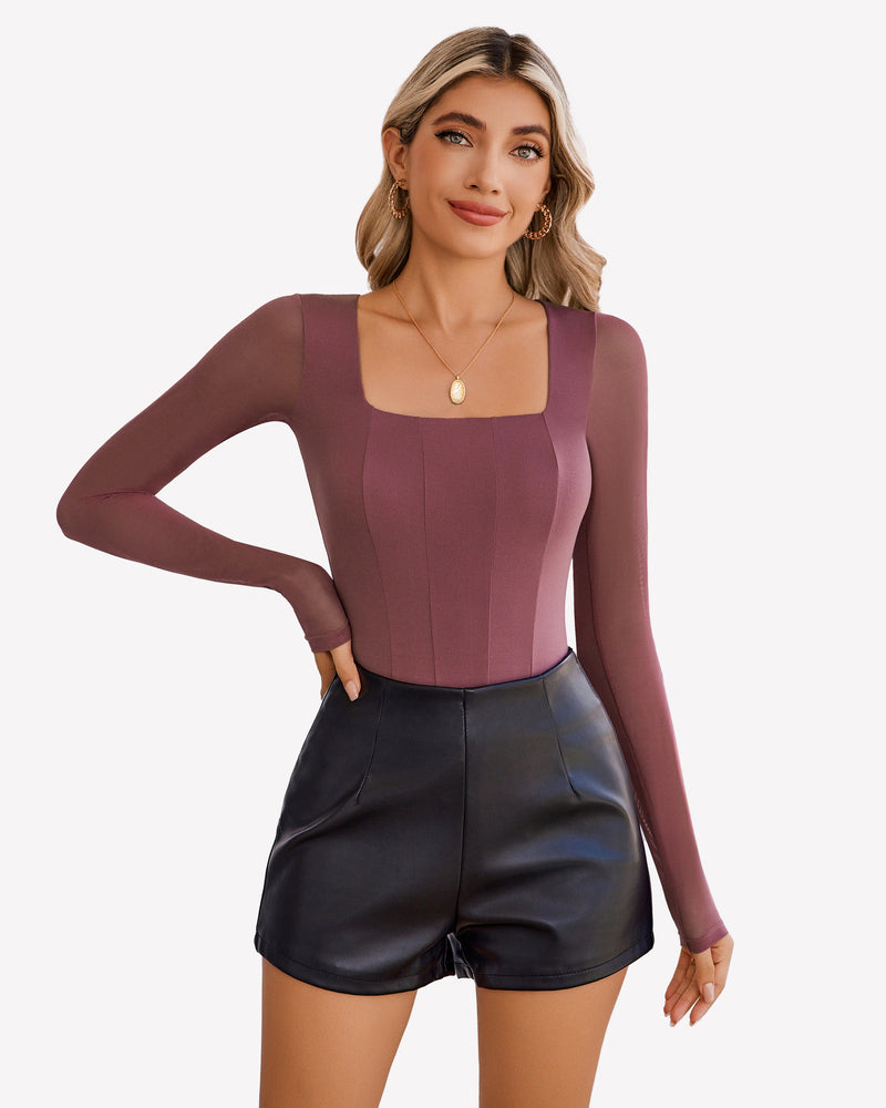 Purple long-sleeve square-neck one-piece bodysuit with fitted silhouette