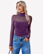 Turtle-neck mesh bodysuit with long sleeves and ruched front, purple