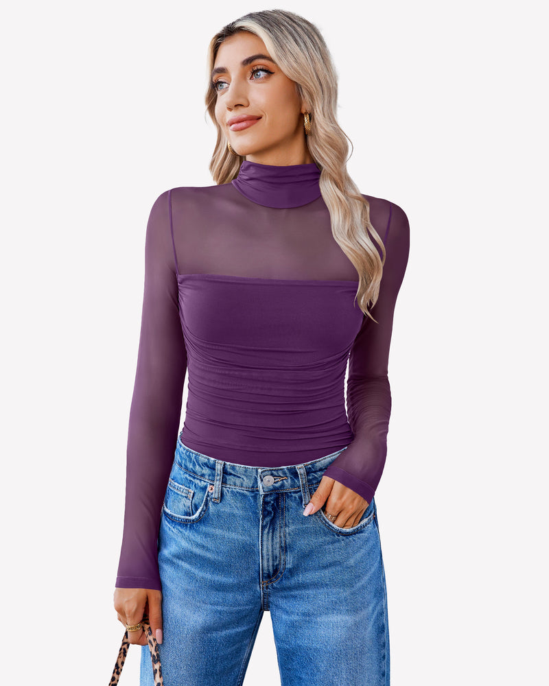 Turtle-neck mesh bodysuit with long sleeves and ruched front, purple
