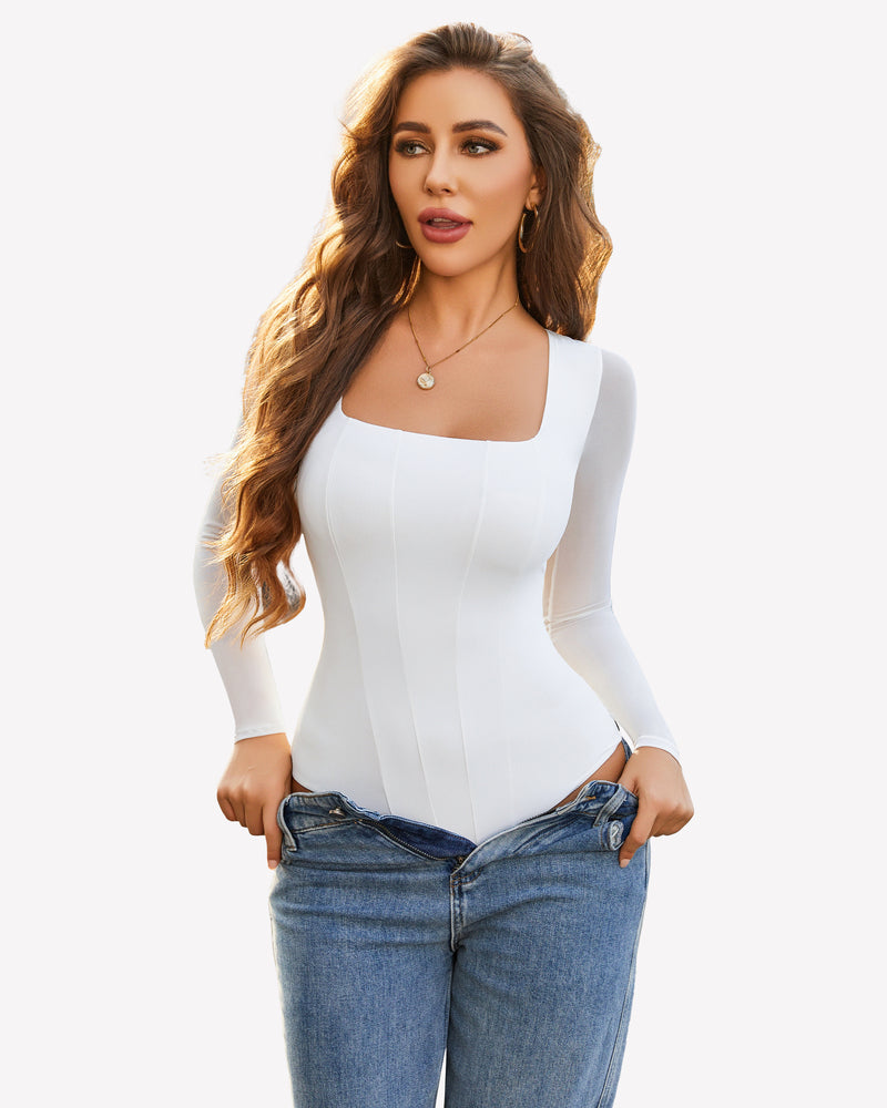 White square-neck long-sleeve one-piece bodysuit with fitted high-cut leg