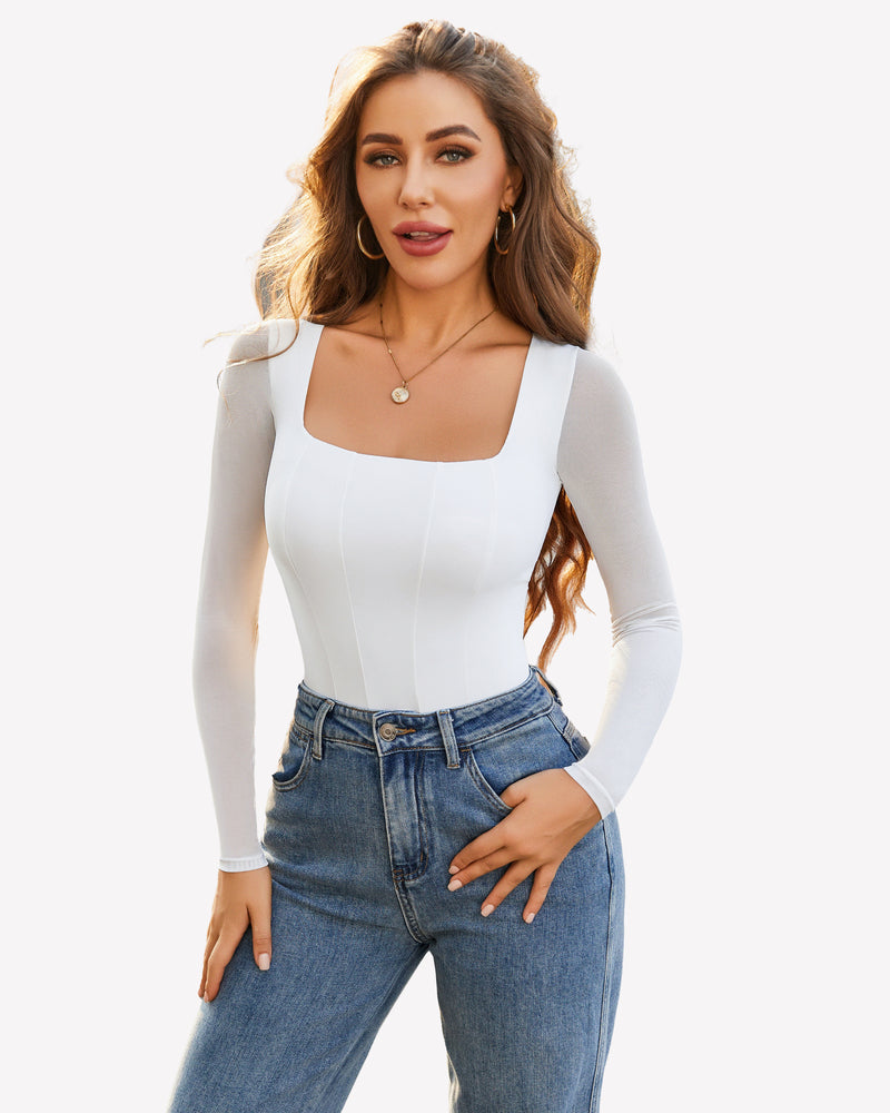 White square-neck long-sleeve one-piece bodysuit, front view with belt area visible