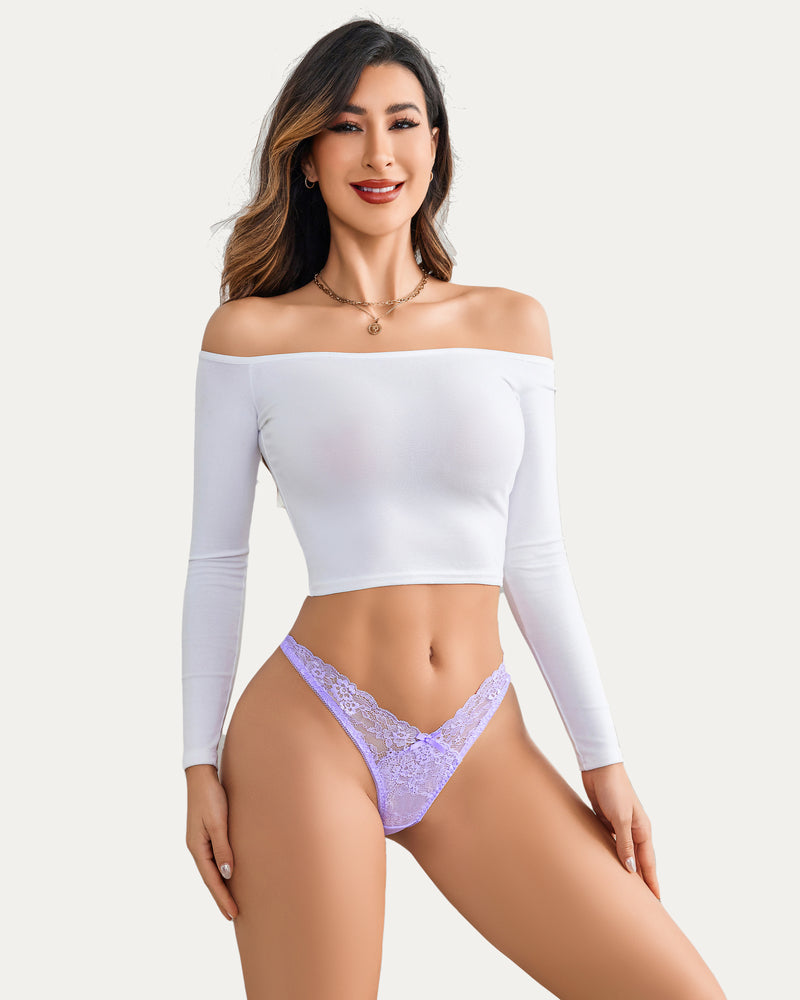 Lavender lace g-string thong panties with lace V-front and scalloped edges