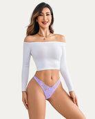 Lavender lace g-string thong panties with lace V-front and scalloped edges