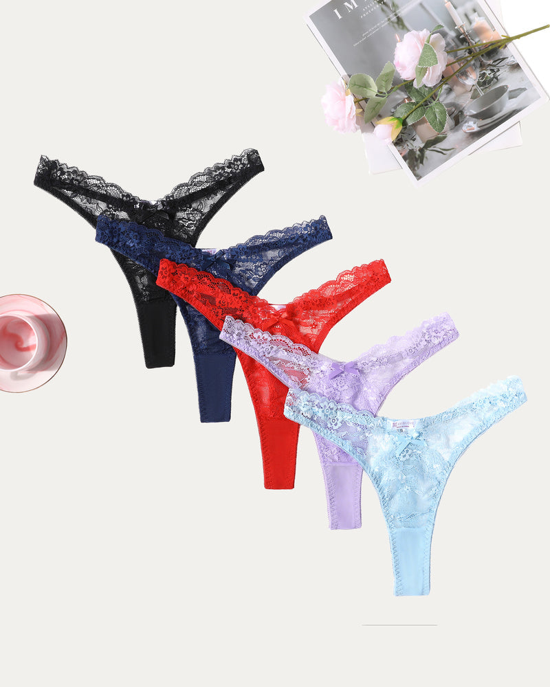 Lace g-string panties set: black, navy, red, light purple, and light blue thongs