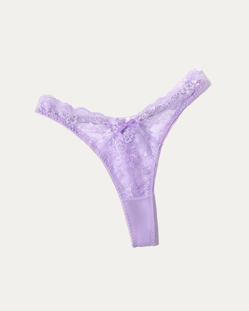 Lavender lace g-string thong with scalloped lace waistband