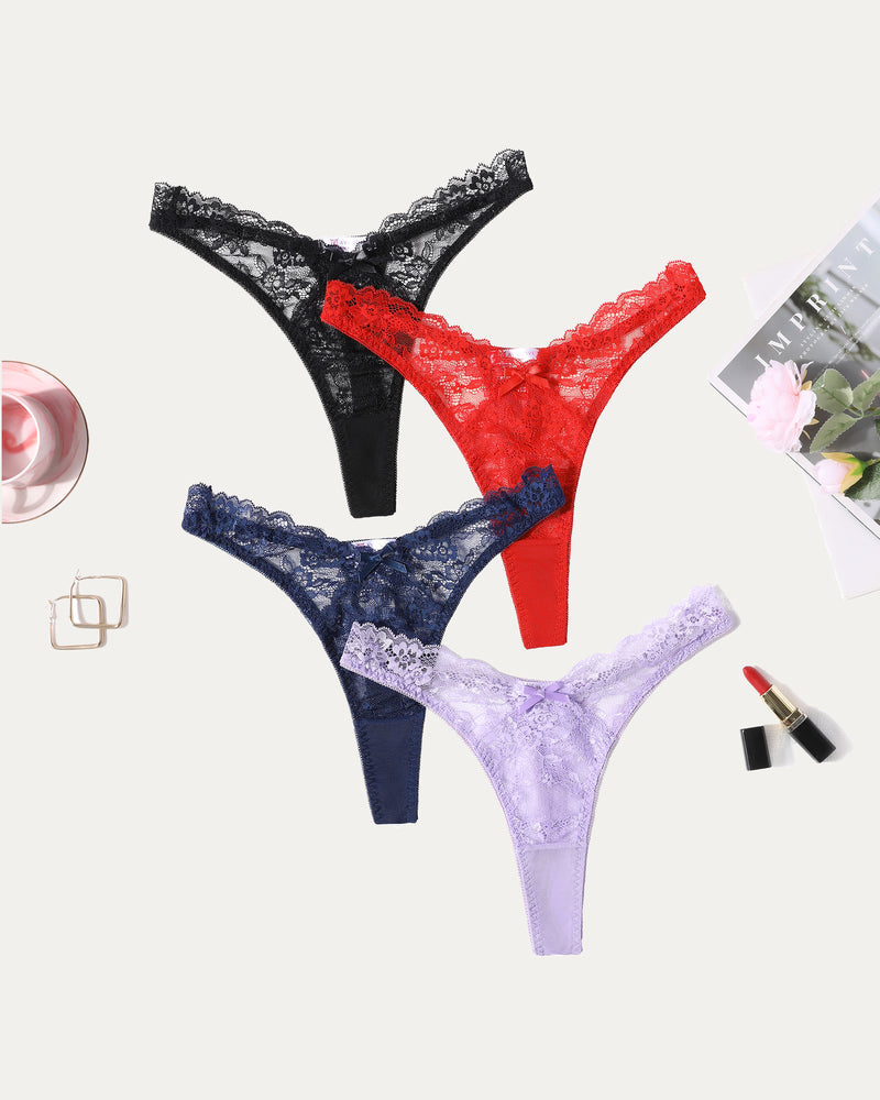 Lace g-string panties set: black, red, navy, and lavender thongs
