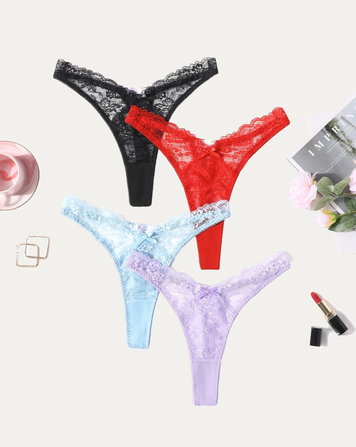 Lace g-string panties set: black, red, light blue, and lavender thongs