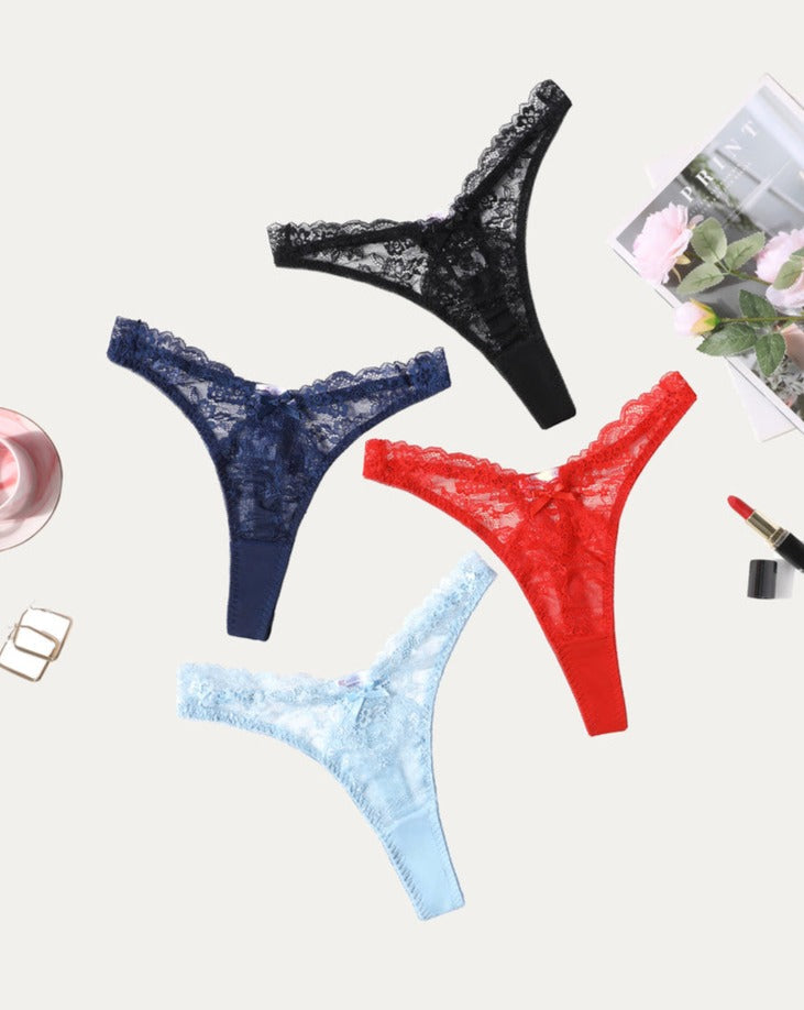 Lace g-string panties set: black, navy, red, and light blue thongs