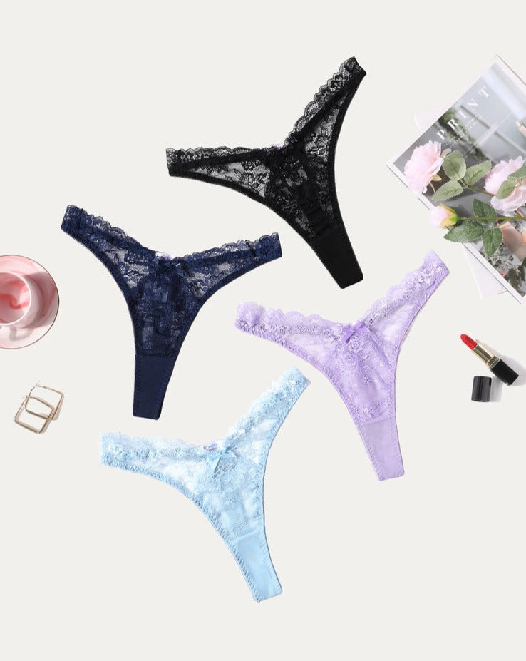 Lace g-string panties set: black, navy, lavender, and light blue thongs